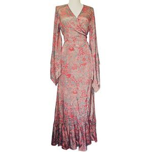 NWT Raga Boho Chic Metallic Floral Wrap Style Maxi Dress Oversized Size XS